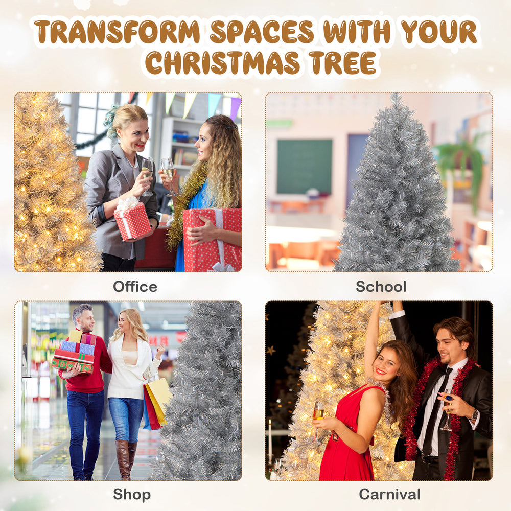 Artificial 6FT Christmas tree with silver tinsel and warm white LED lights, perfect for office, school, or shop.