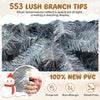 Close-up of silver tinsel branch tips on a 6FT artificial Xmas tree, showcasing vibrant color and fireproof PVC.