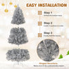 6FT artificial Xmas tree with silver tinsel leaves, 400 LED lights, and hinged structure for easy installation in.