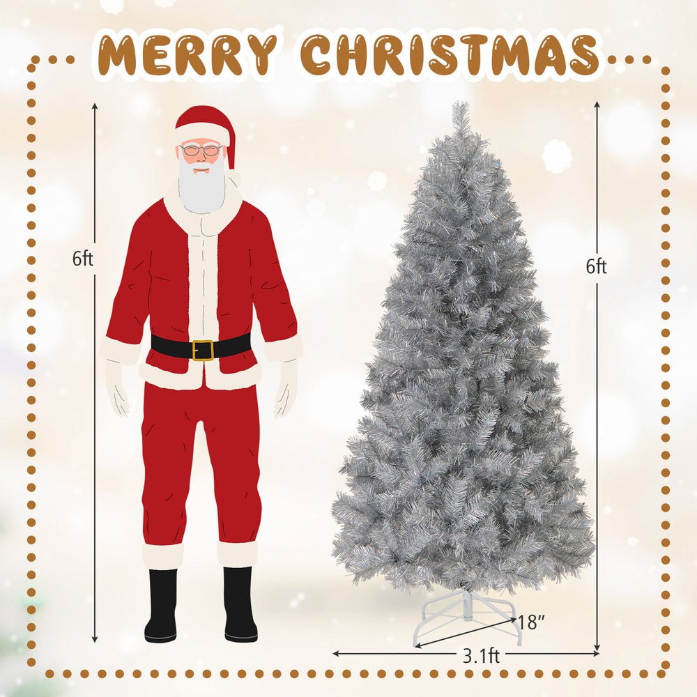 6ft artificial Christmas tree with silver tinsel leaves and warm white LED lights, perfect for festive decorations.