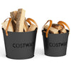 Set of 2 metal ash buckets with leather handles, 11.5 Gal and 8.5 Gal, ideal for fireplace and fire pit storage.