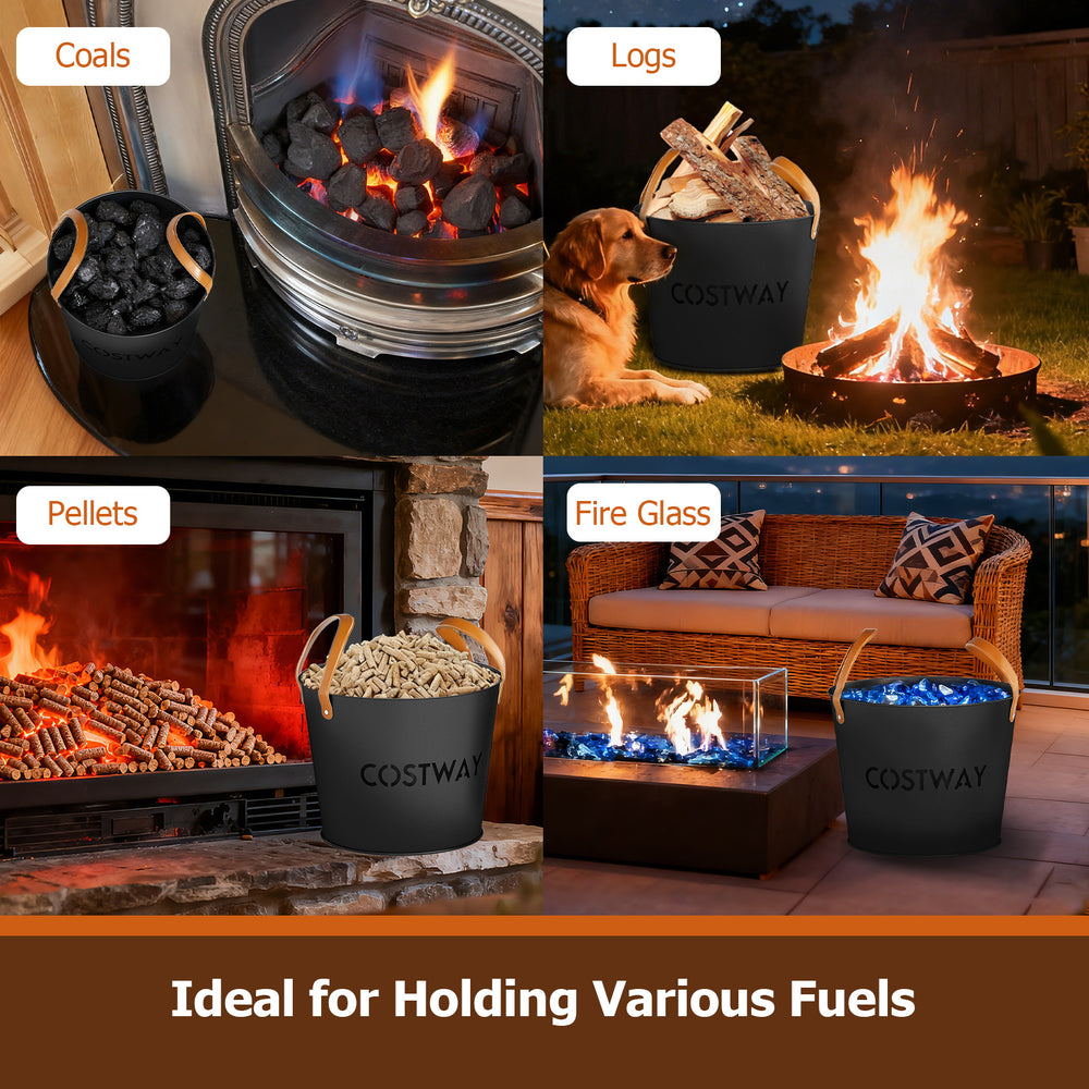 Metal ash bucket set with leather handles, ideal for storing coals, logs, and pellets for fireplaces and fire pits.