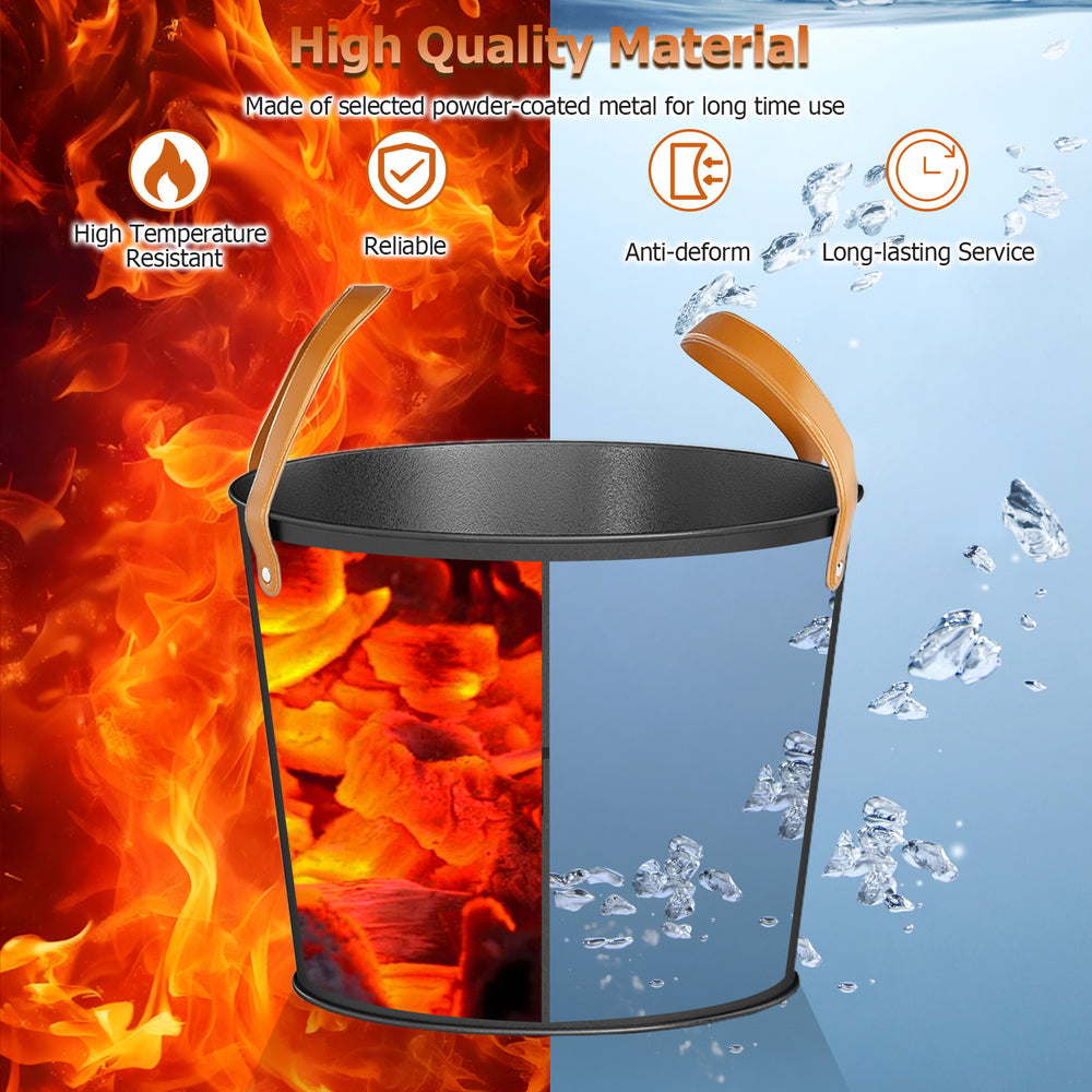 Set of two metal ash buckets with leather handles, 11.5 Gal and 8.5 Gal, for fireplaces and fire pits.