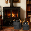 Set of 2 metal ash buckets with leather handles, ideal for storing ash and coals by the fireplace or fire pit.