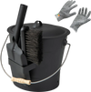Black ash bucket with lid, brush, ash shovel, and cut-resistant gloves, perfect for bonfires and barbecues.