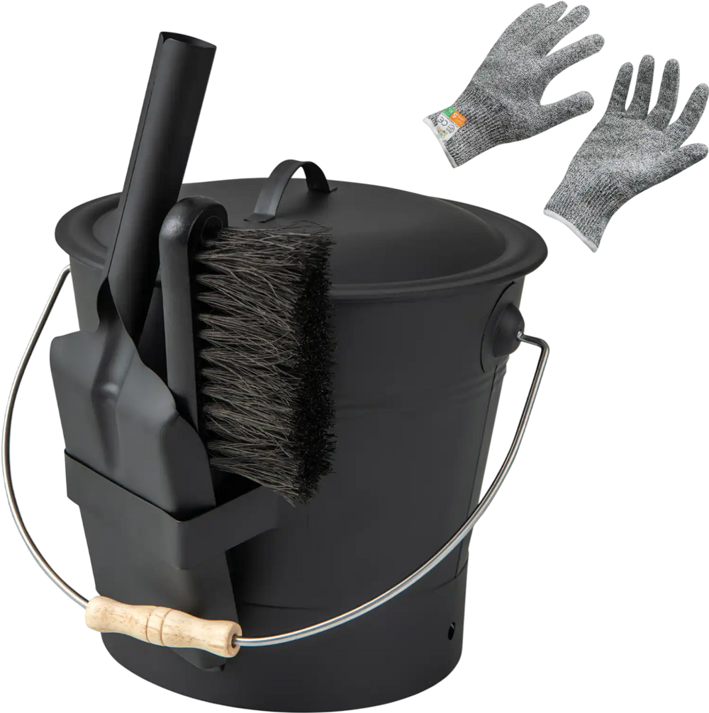 Black ash bucket with lid, brush, ash shovel, and cut-resistant gloves, perfect for bonfires and barbecues.