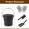 Black ash bucket with lid, included cut-resistant gloves, brush, and shovel for safe ash transport and storage.