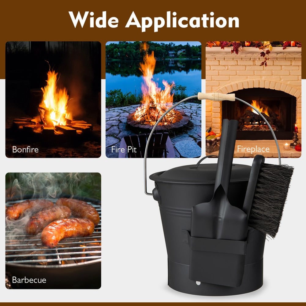 Black ash bucket with lid, brush, and shovel, perfect for bonfires, fire pits, and barbecues.