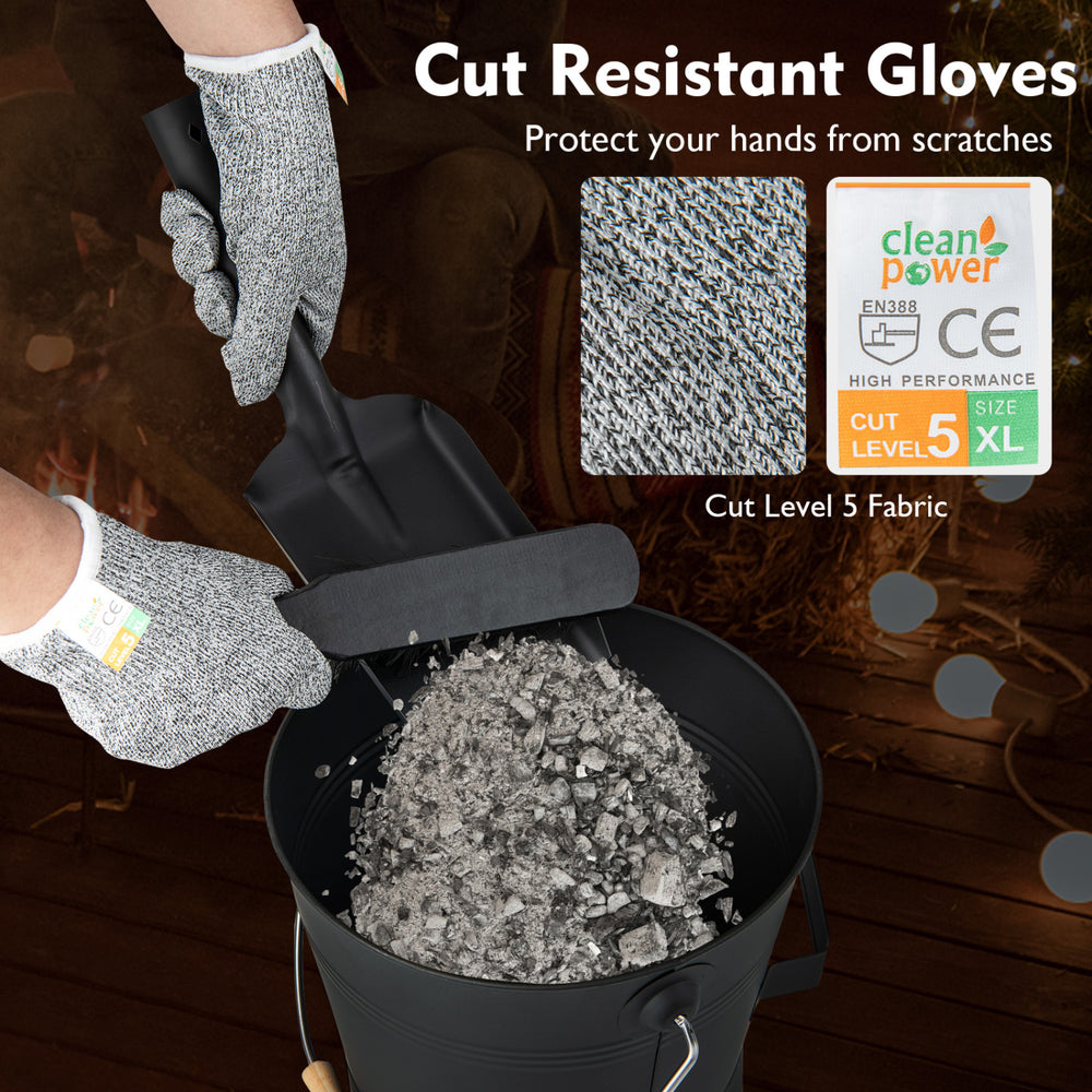 Cut-resistant gloves with ash shovel and bucket, featuring cut level 5 fabric for protection during outdoor use.