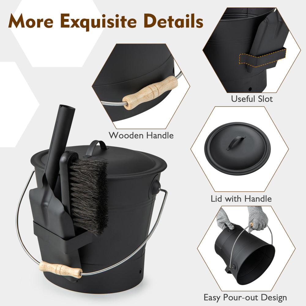 Black ash bucket with lid, wooden handle, and included brush and shovel, perfect for transporting ash and debris.