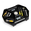 Automotive rolling tool creeper in black with 4 compartments, swivel casters, and anti-slip handles for easy mobility.