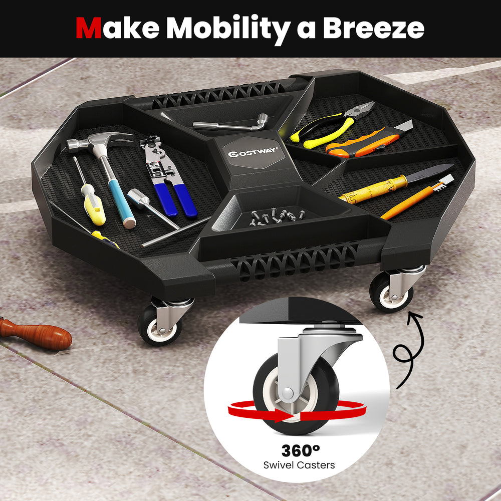 Automotive rolling tool creeper in black with 4 swivel casters and storage compartments for easy mobility and.