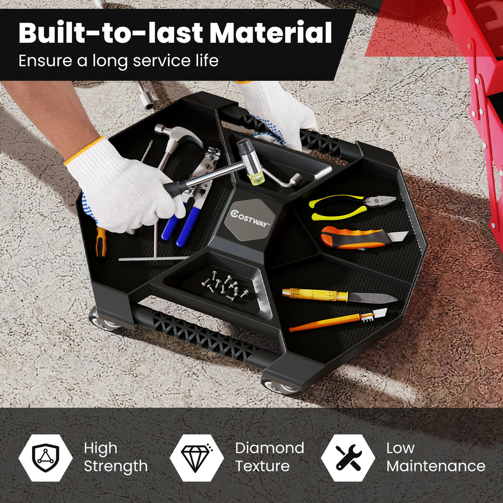 Automotive rolling tool creeper in black with 4 compartments, swivel casters, and diamond texture for secure storage.