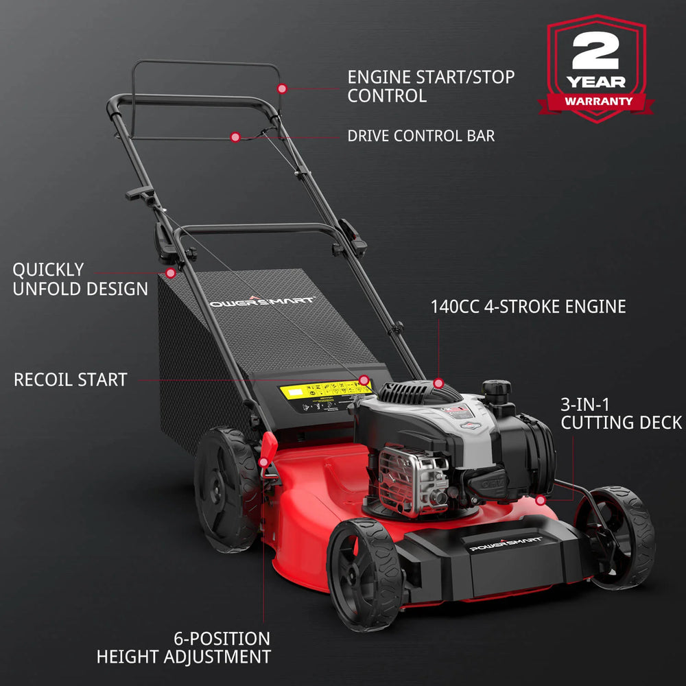 Powersmart B8721S2 3-In-1 Lawn Mower 21" Self-Propelled 140cc Gas Engine Red New