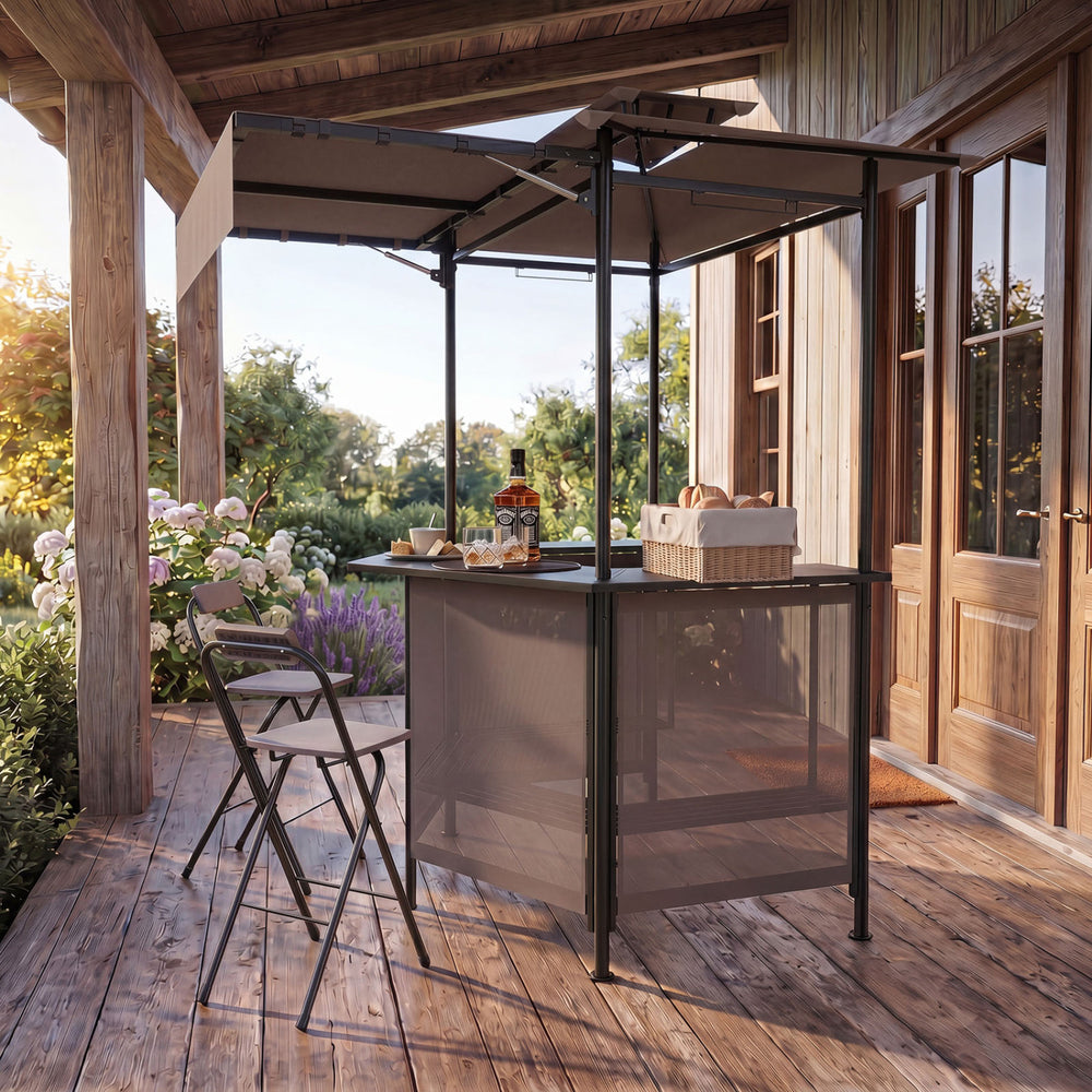 BBQ Gazebo Canopy with 4 Slatted Metal Shelves 6 Hanging Hooks and 2-Row Glass Holders-Brown - Gallery View 1 of 11