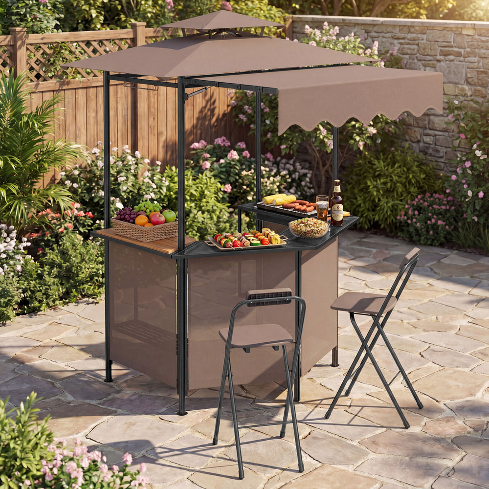 BBQ gazebo canopy with heat-resistant tabletop, 4 metal shelves, and 6 hooks for outdoor cooking and entertaining.