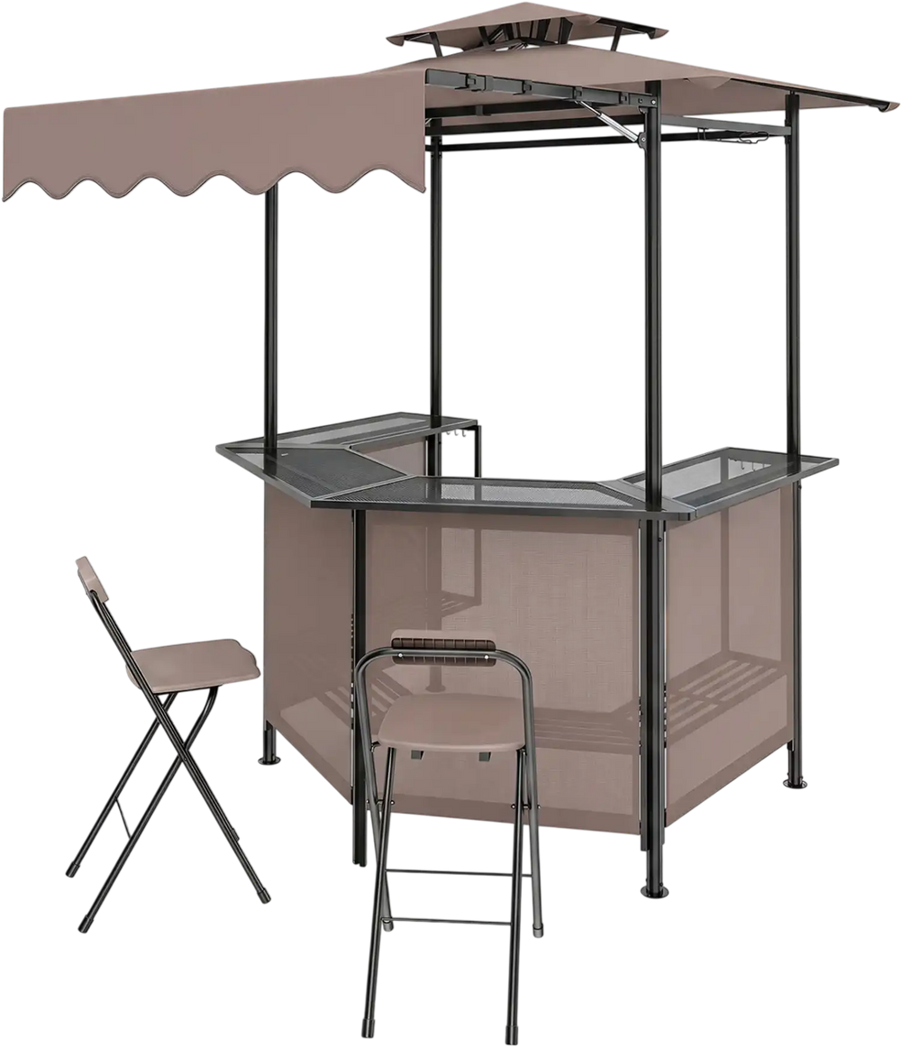 BBQ gazebo canopy in brown features 4 metal shelves, 6 hooks, and a double top roof for enhanced airflow and shading.