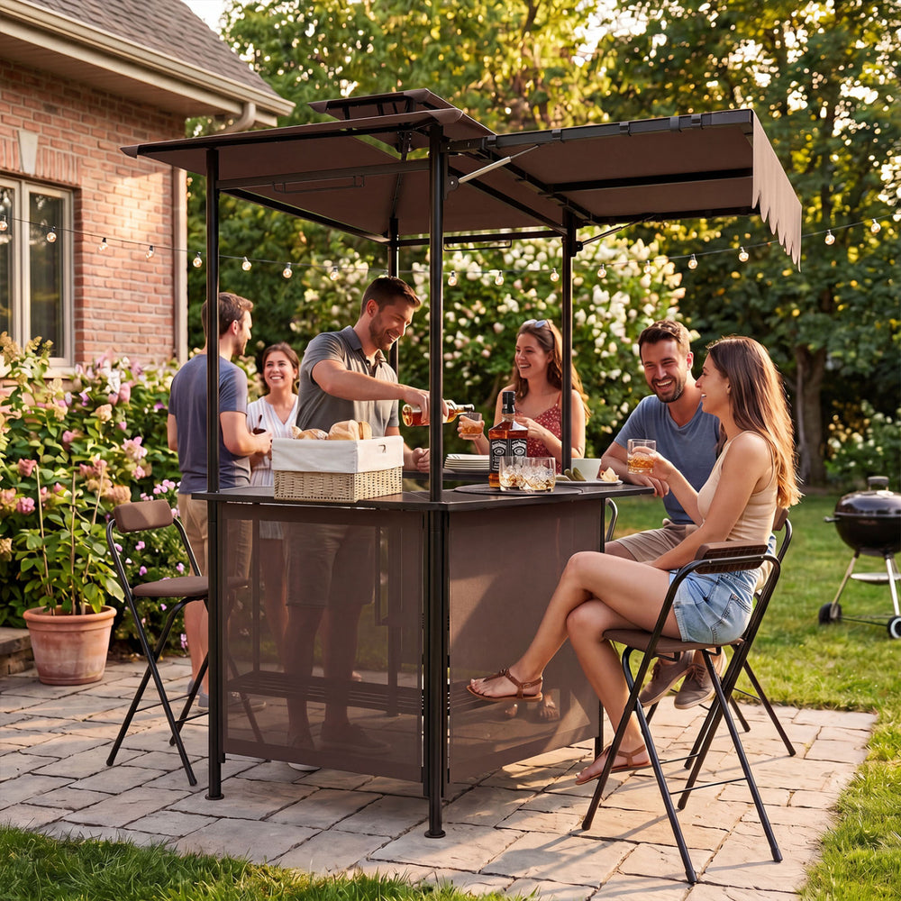 BBQ gazebo canopy with heat-resistant tabletop, 4 metal shelves, and 6 hooks, perfect for outdoor grilling and gatherings.