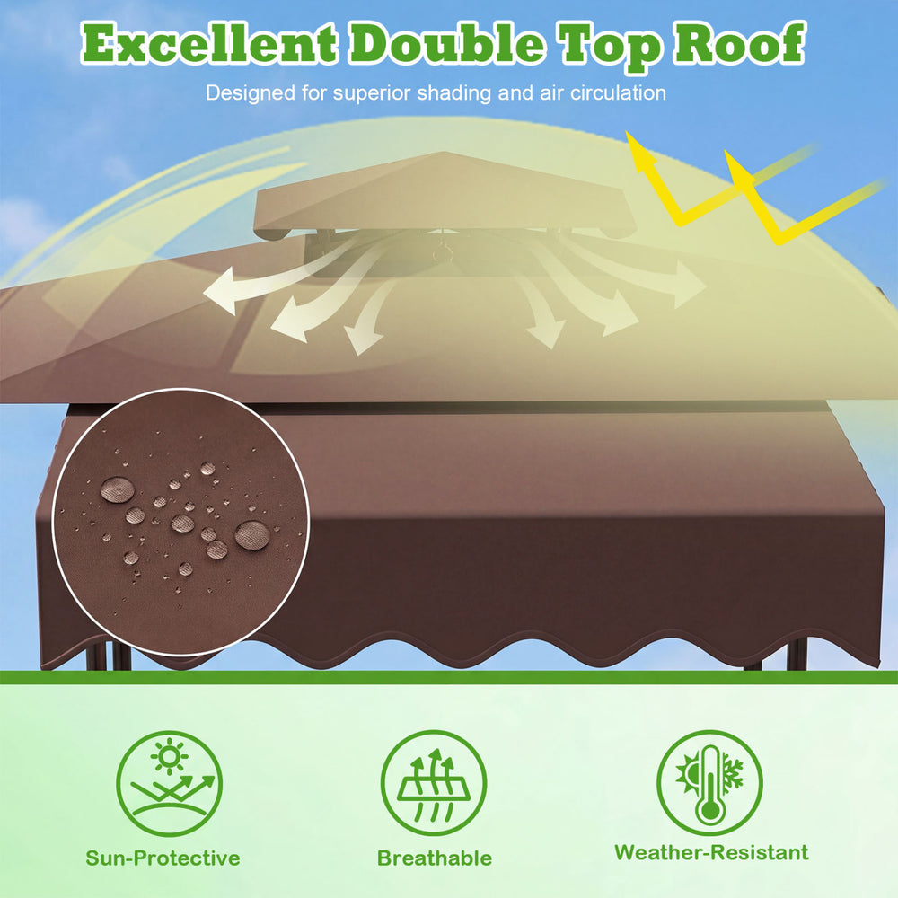 BBQ gazebo canopy in brown features a double top roof for superior shading, weather resistance, and airflow.
