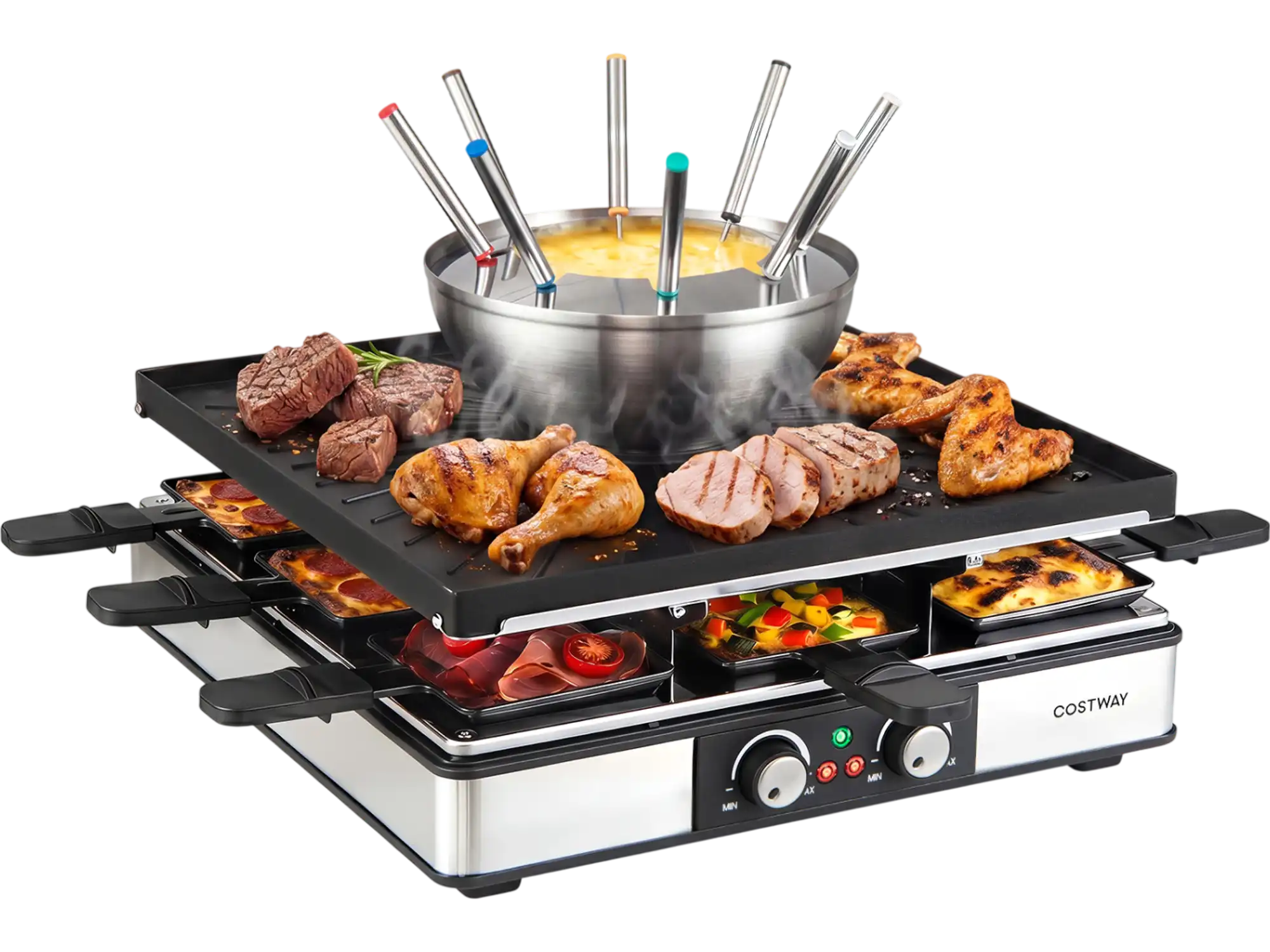 Costway BBQ Grill Fondue Pot Set Adjustable Thermostats for 8 People 60728397 New