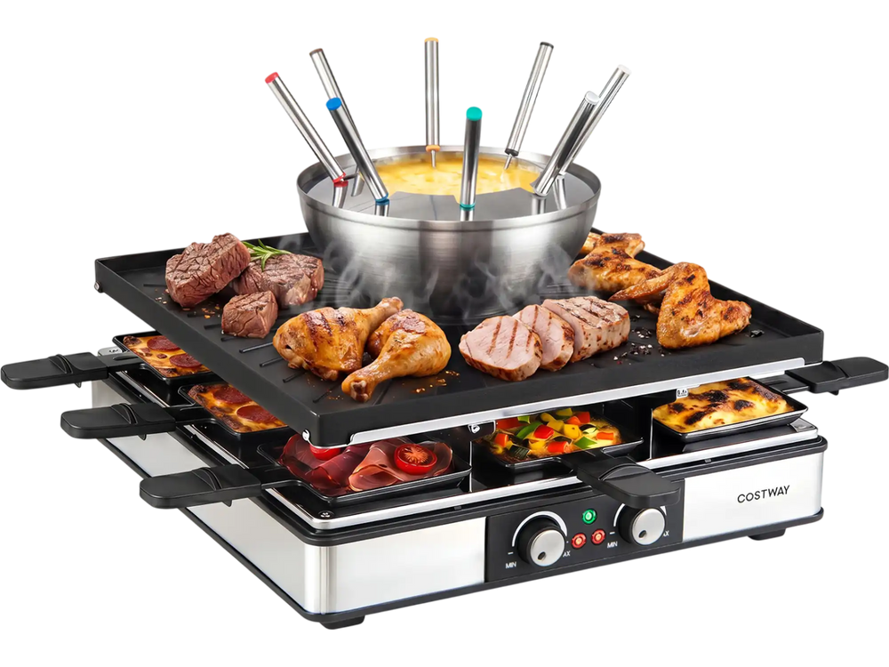 BBQ Grill with Fondue Pot Set and Adjustable Thermostats for 8 People