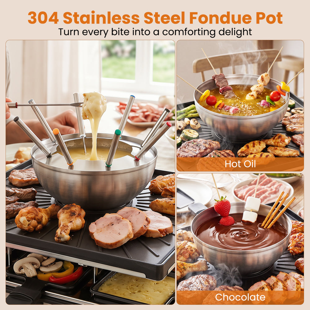 304 stainless steel fondue pot with hot oil and chocolate, perfect for 8 people, ideal for family meals and celebrations.