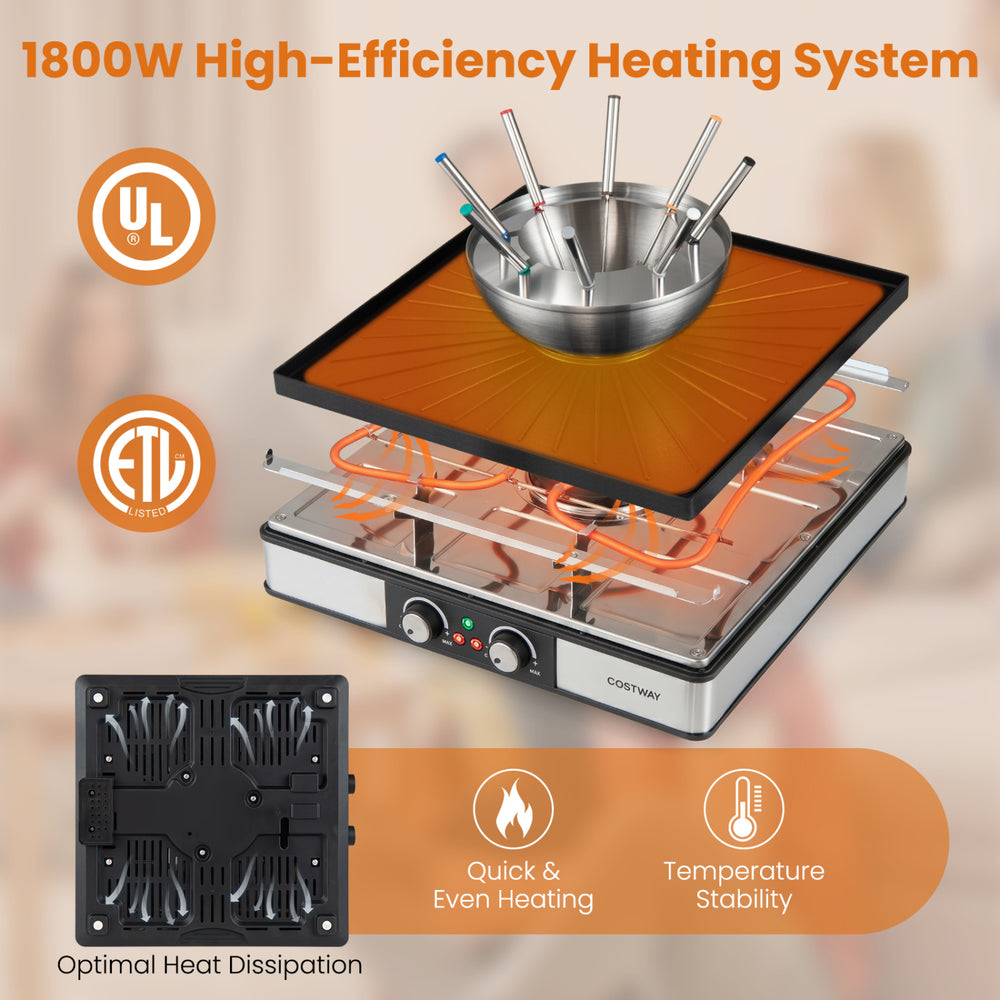 BBQ grill with fondue pot set features 1800W heating, stainless steel pot, and adjustable thermostats for 8 people.