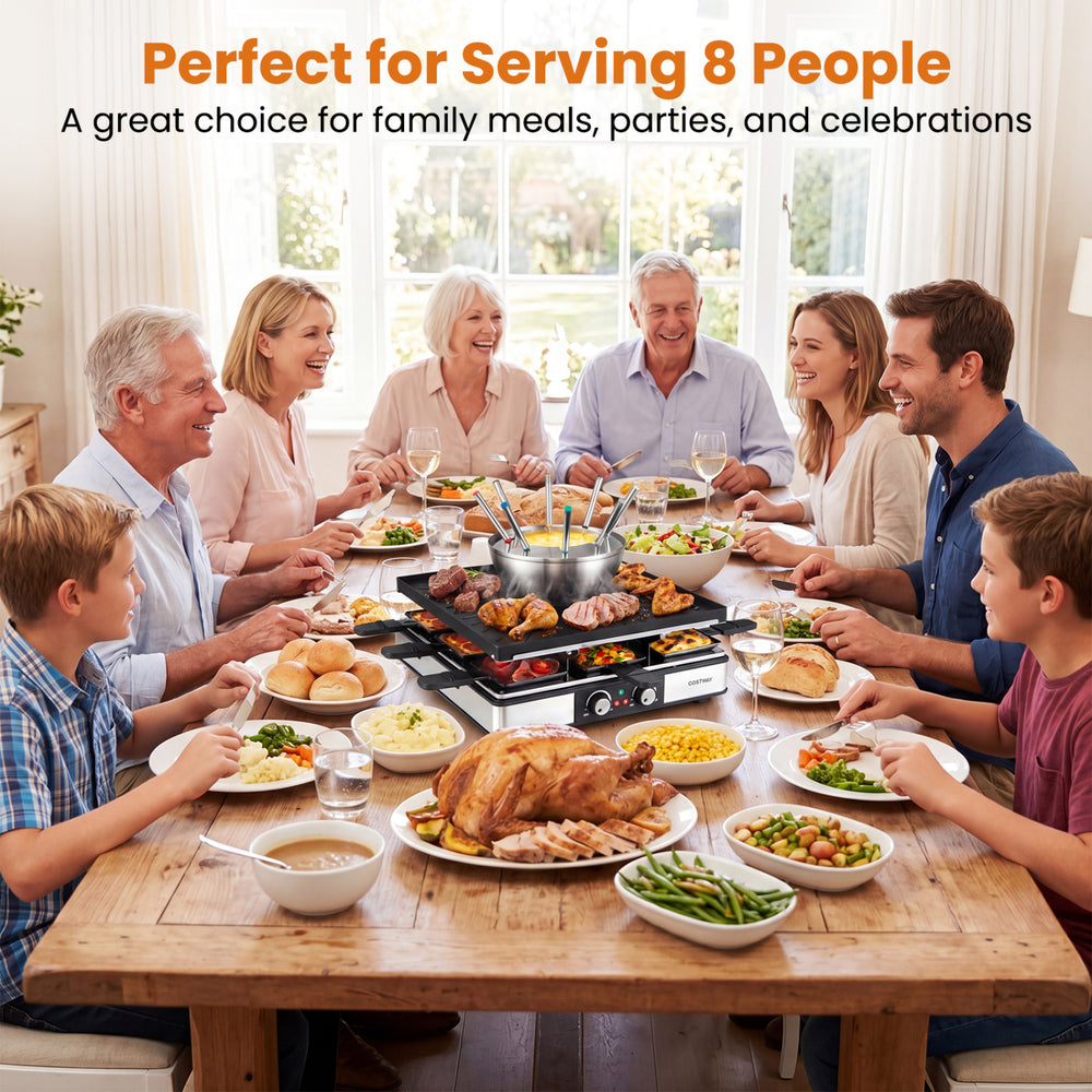 BBQ grill with fondue pot set for 8 people, featuring adjustable thermostats and 304 stainless steel for family meals.