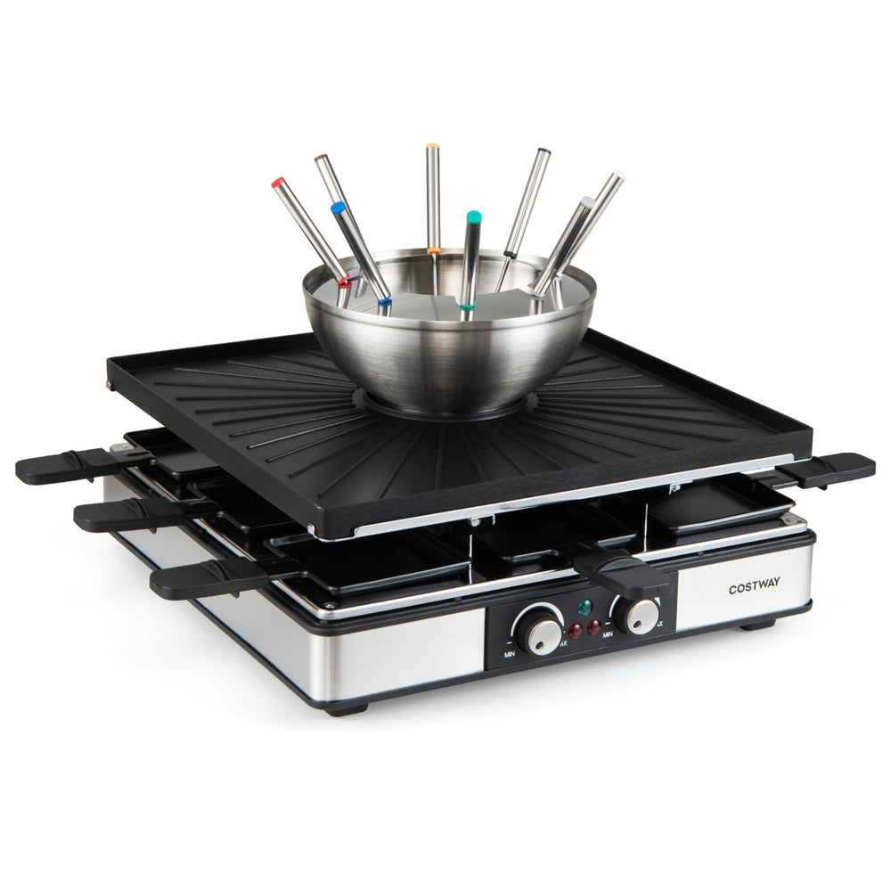 BBQ grill with fondue pot set for 8 people, featuring stainless steel pot, adjustable thermostats, and non-stick grilling surface.