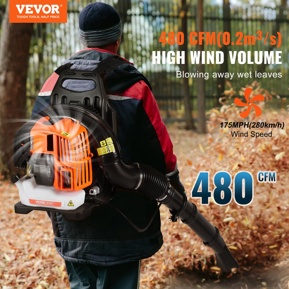 Vevor Leaf Blower Backpack Gas 52 cc 2-Stroke Engine 480 CFM 175 MPH 1.37L Tank New