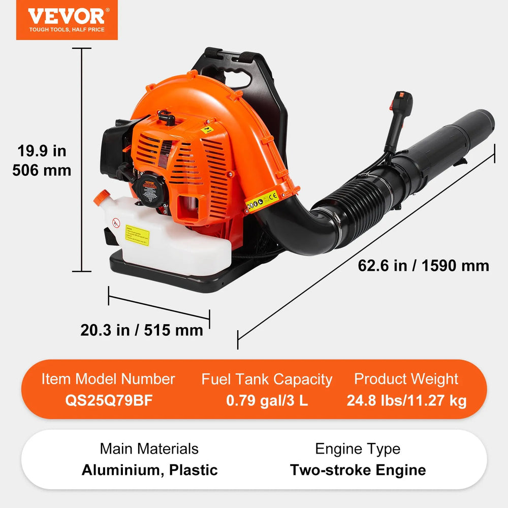Vevor Backpack Leaf Blower 79cc 2-Cycle with 3L Fuel Tank 930CFM 184 MPH New
