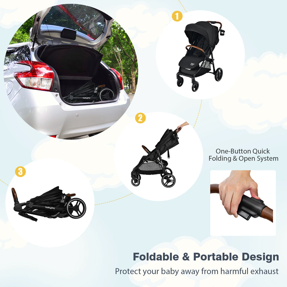 Lightweight infant stroller in black with 5-point harness, adjustable backrest, and one-hand folding design for easy.
