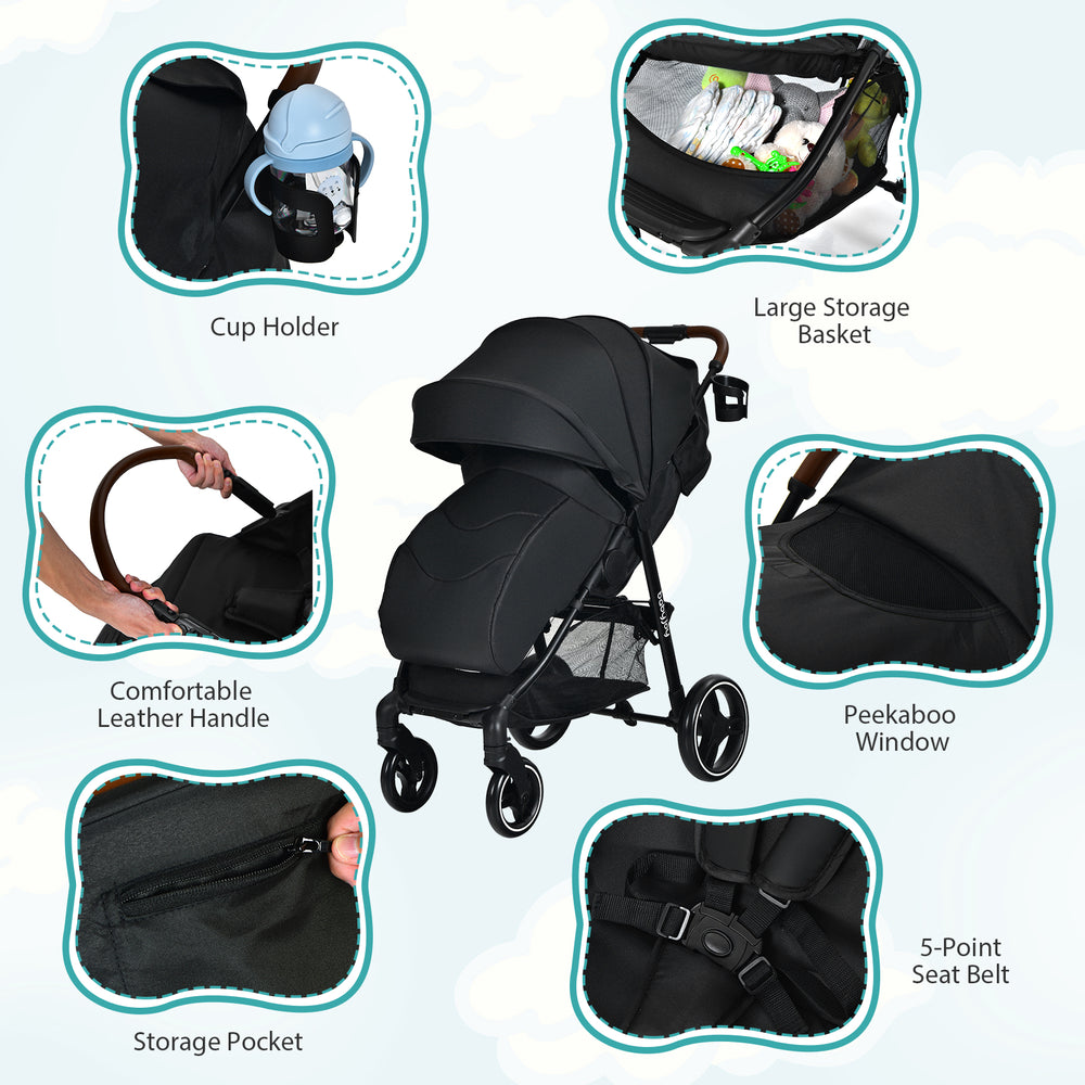 Lightweight black infant stroller featuring a 5-point harness, adjustable backrest, and large storage basket for baby.
