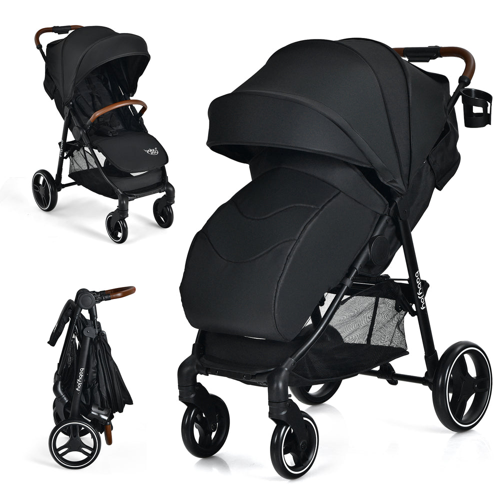 Black lightweight infant stroller featuring a detachable foot cover, ergonomic backrest, and convenient one-hand.