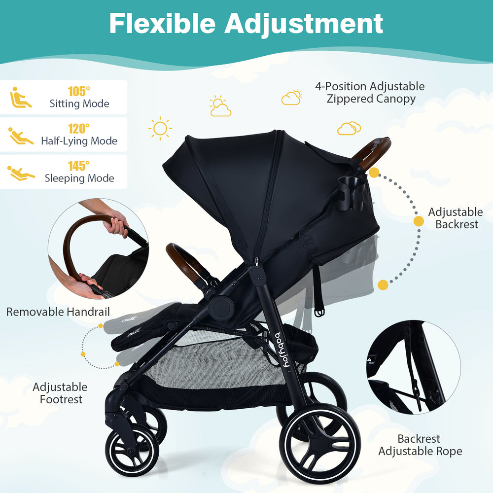Lightweight black infant stroller with adjustable backrest, detachable foot cover, and safety harness for comfortable.