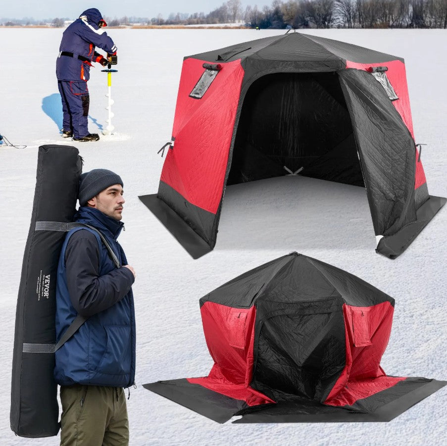 pop up fishing tents VEVOR Portable Ice Fishing Shelter Insulated Pop-Up Tent 4-6 Person 130x130 50 Sq ft Fishable Area Thermal Ice Shanty With Anchors & Carry Bag