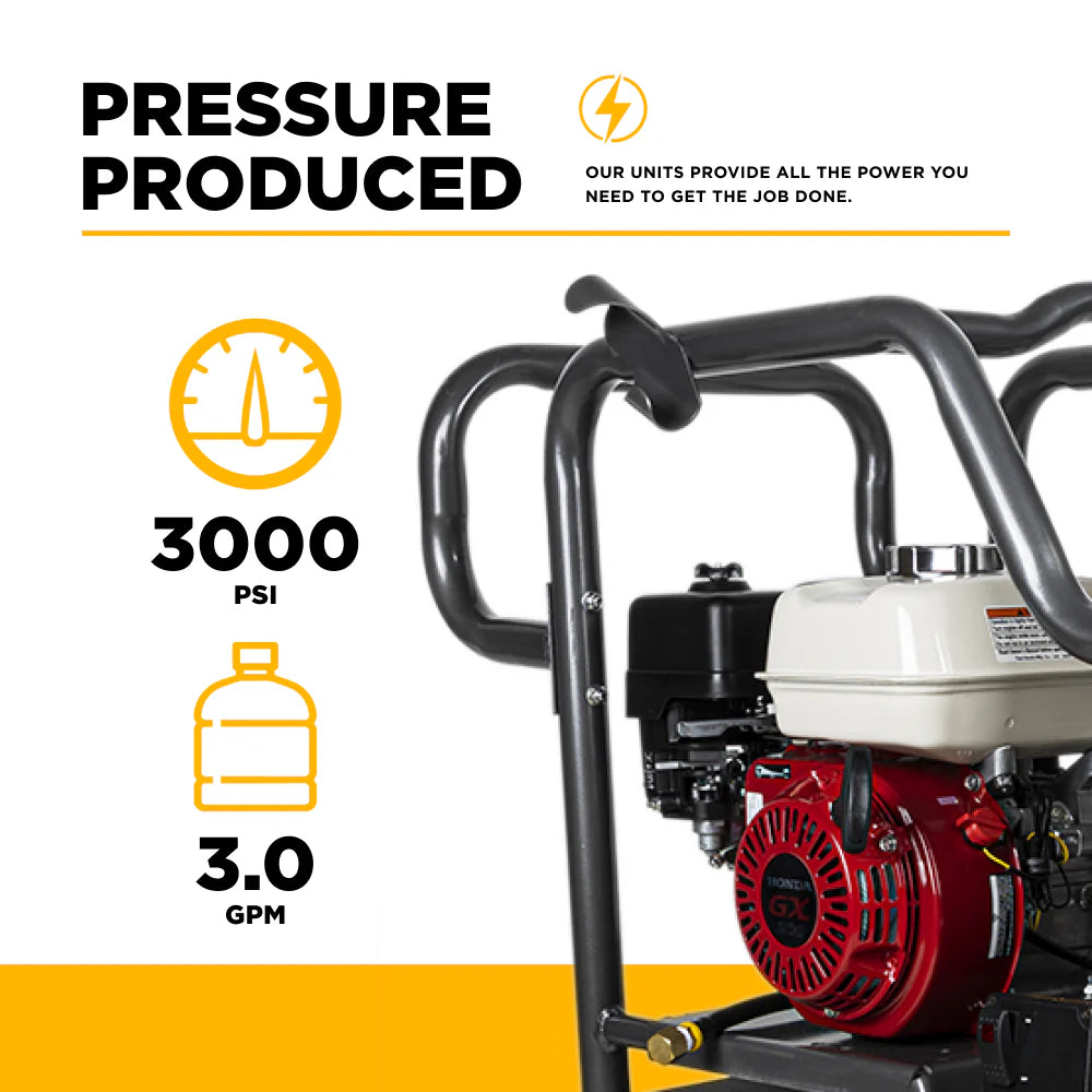 BE Pressure Washer Hot Water Triplex Pump 3000 PSI 3 GPM Honda GX200 Engine New