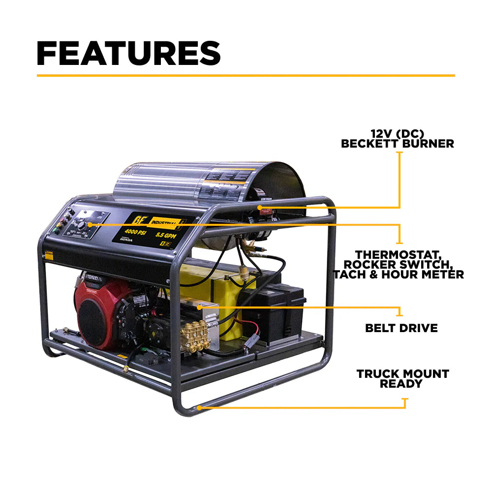 BE Skid Pressure Washer Hot Water 4,000 PSI 5.5 GPM Honda GX690 Electric Start AR Pump New