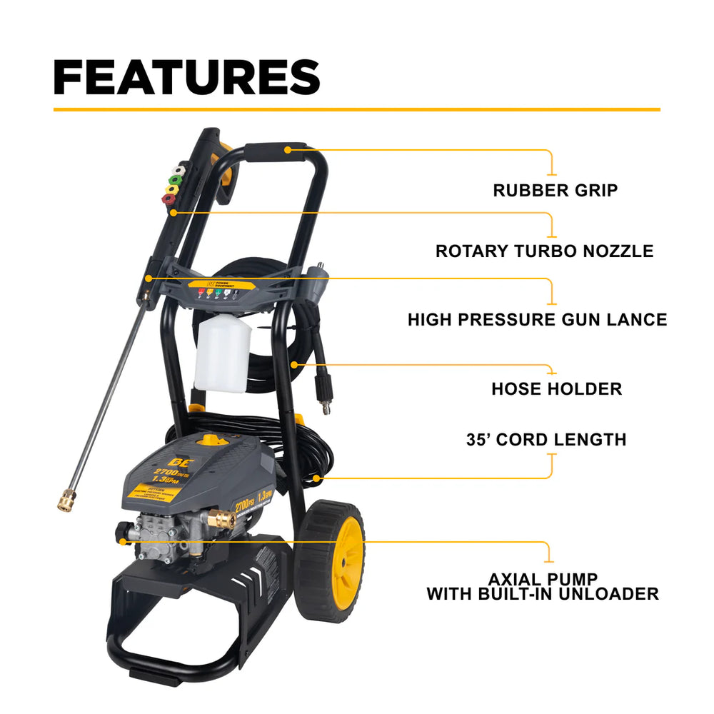 BE Electric Pressure Washer with AR Axial Pump 2700 PSI 1.3 GPM 2 HP New