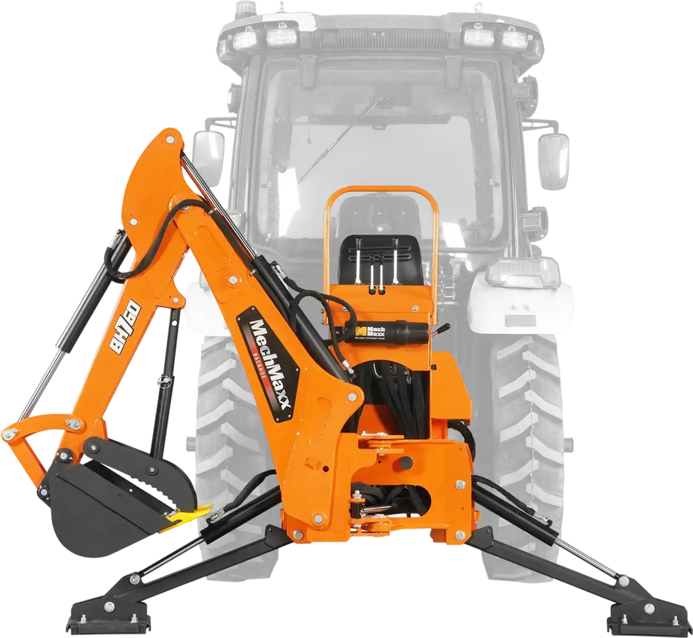 8' Tractor Backhoe Attachment with Mechanical Thumb,  15" Bucket,  ISO/SAE Switchable Controls,  Self-Contained Hydraulic System,  3 Point Hitch Cat.1 & 2,  20-100 HP,  BH760M
