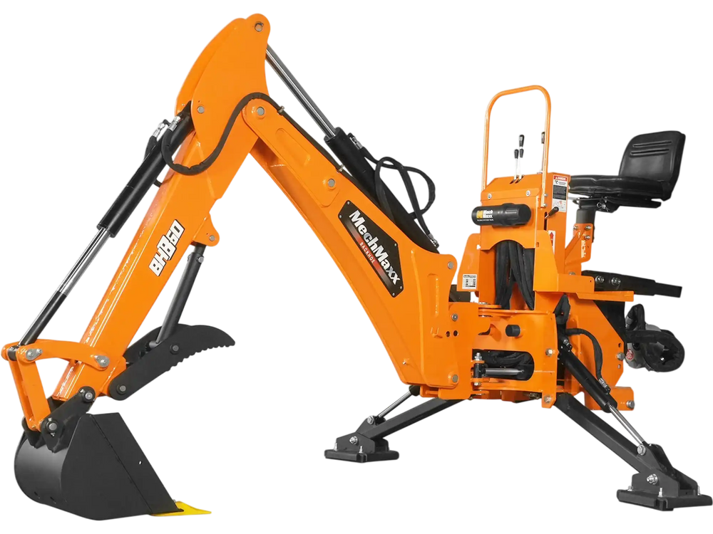 9' Tractor Backhoe Attachment with Mechanical Thumb,  15" Bucket,  ISO/SAE Switchable Controls,  Self-Contained Hydraulic System,  3 Point Hitch Cat.1 & 2,  25-100 HP,  BH860M