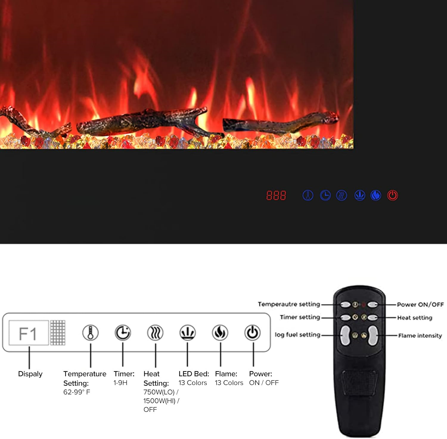 Valuxhome BI50 Electric Fireplace 50" Recessed and Wall Mounted 750/ 1500W with Remote Black New