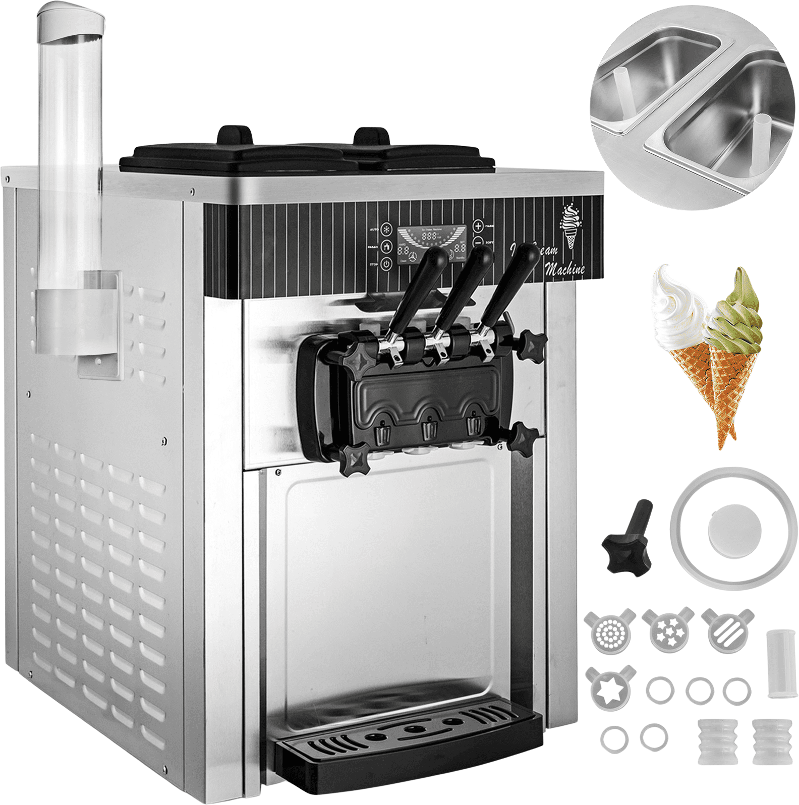 Vevor Ice Cream Machine 5.3-7.4 Gal per Hour Soft Serve with LED Display Auto Clean 3 Flavors 2200W New