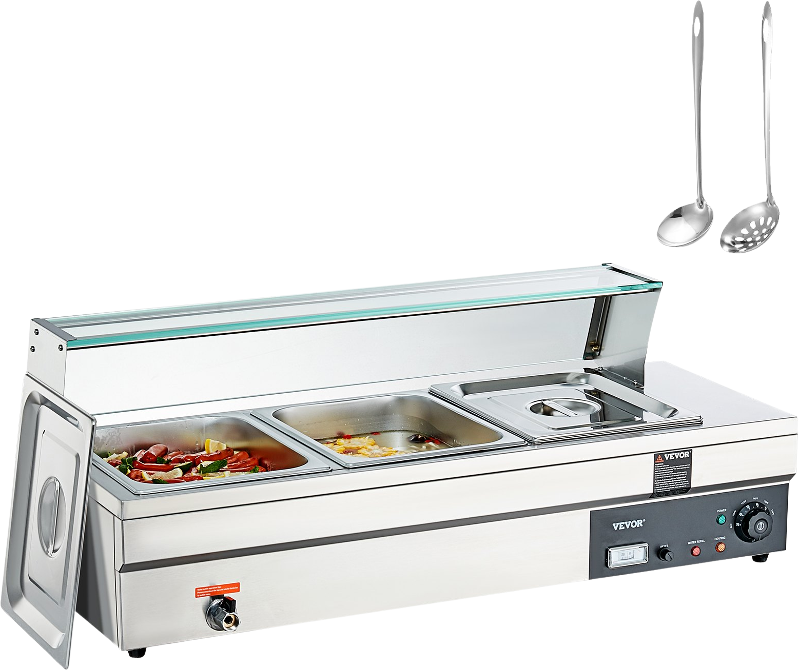 Vevor Food Warmer 3-Pan with Glass Shield 1500W Electric Steam Table 86°F-185°F Temperature New