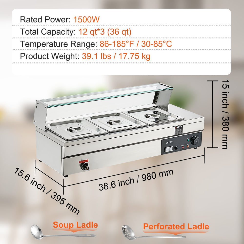 Vevor Food Warmer 3-Pan with Glass Shield 1500W Electric Steam Table 86°F-185°F Temperature New