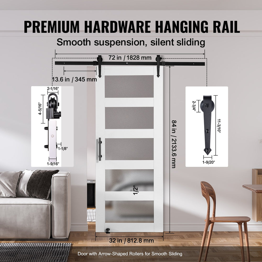 Vevor Barn Door and Hardware Kit 32" x 84" Smooth and Quiet Wood with Glass Panel Sliding Door Kit New