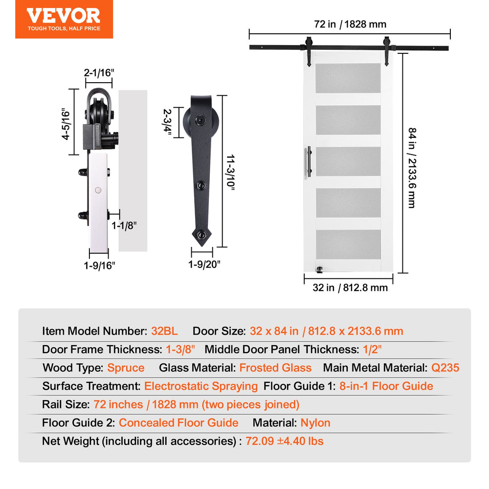 Vevor Barn Door and Hardware Kit 32" x 84" Smooth and Quiet Wood with Glass Panel Sliding Door Kit New