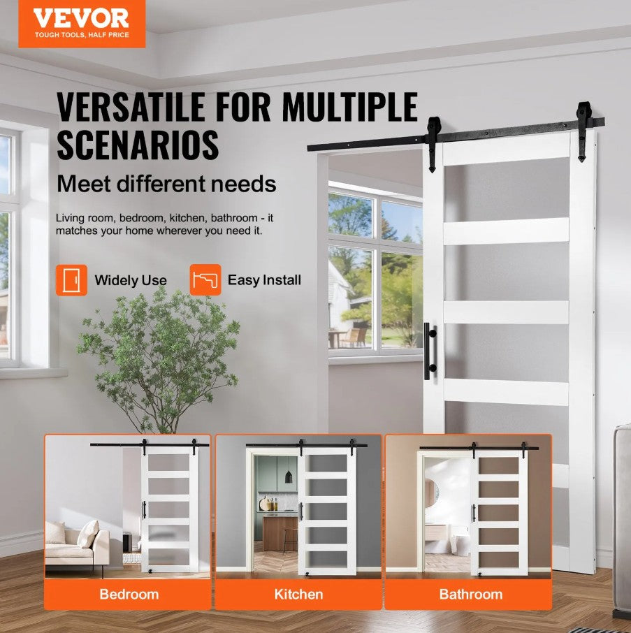Vevor 42" x 84" Wood and Frosted Glass Barn Door Kit with Hardware New