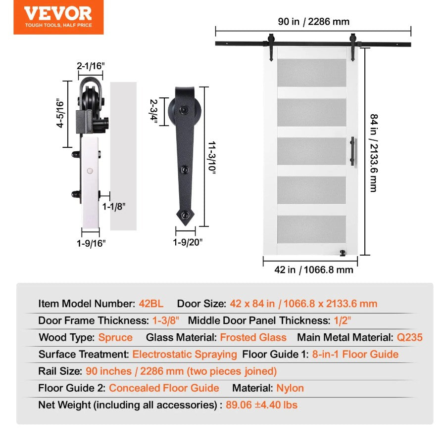 Vevor 42" x 84" Wood and Frosted Glass Barn Door Kit with Hardware New
