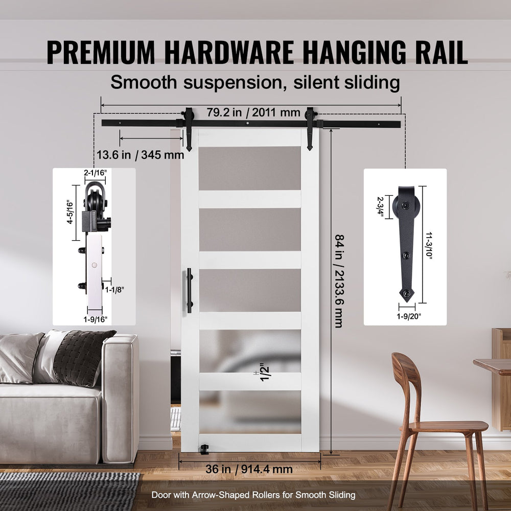 Vevor Barn Door and Hardware Kit 36" x 84" Smooth and Quiet Wood with Glass Panel Sliding Door Kit New